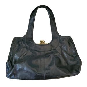 CoachErgo Kisslock Patent Handbag Pleated Tote Large Black Leather 12520